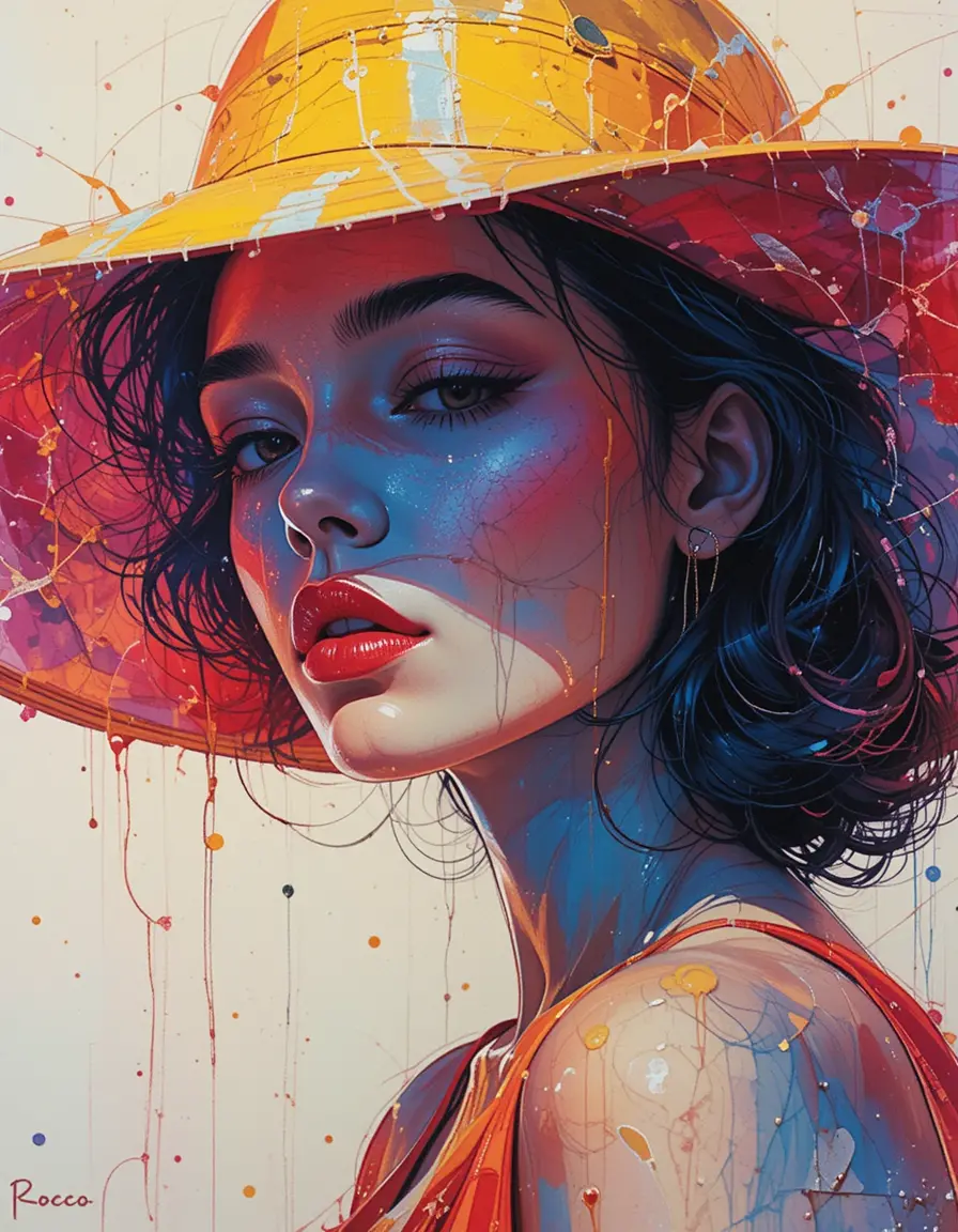 Cinematic portrait of a woman in a wide brim yellow hat