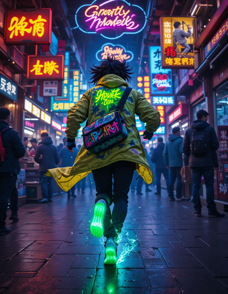 Punk courier racing through neon holographic street market