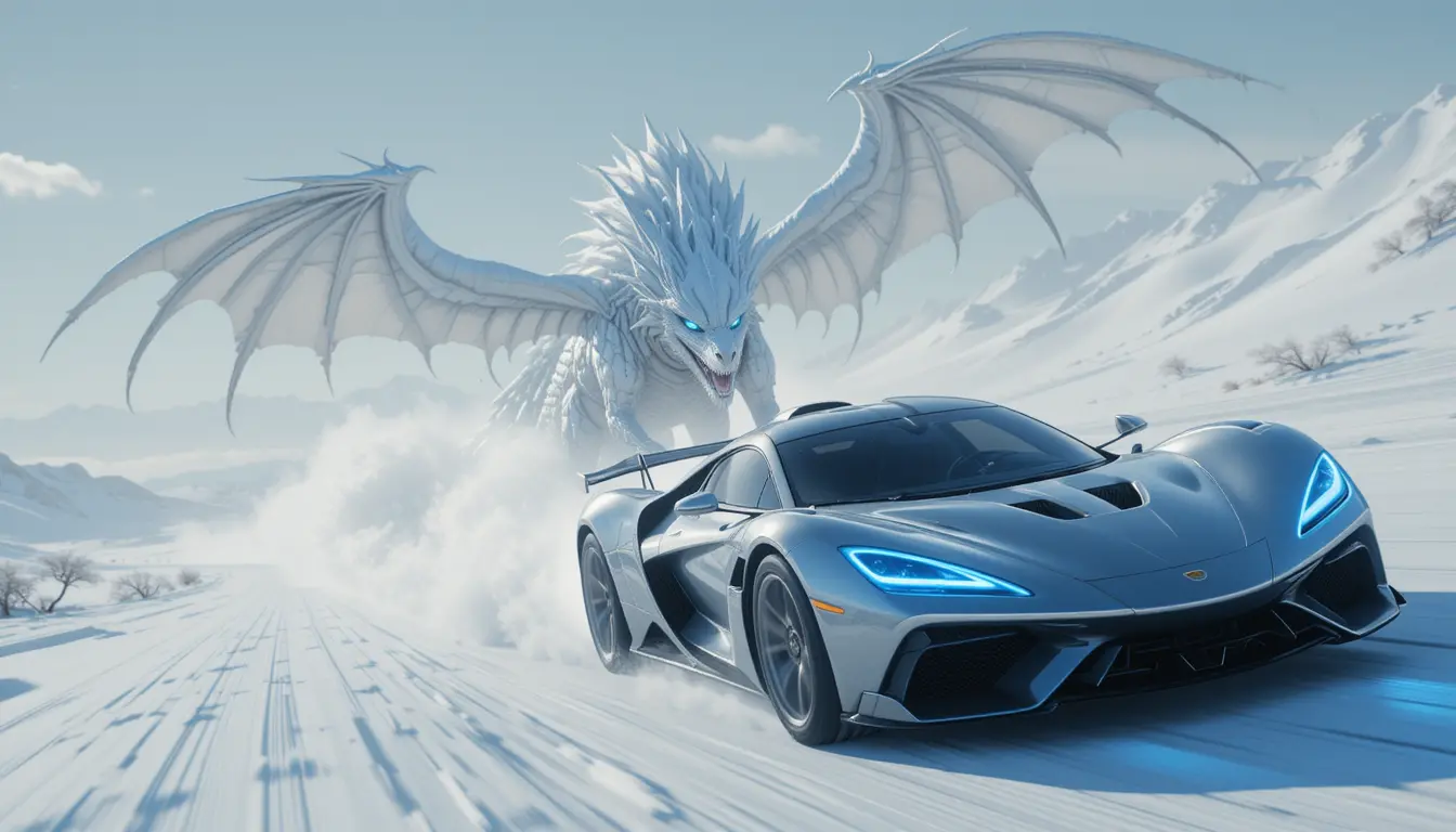 Futuristic silver car chased by a snow white dragon
