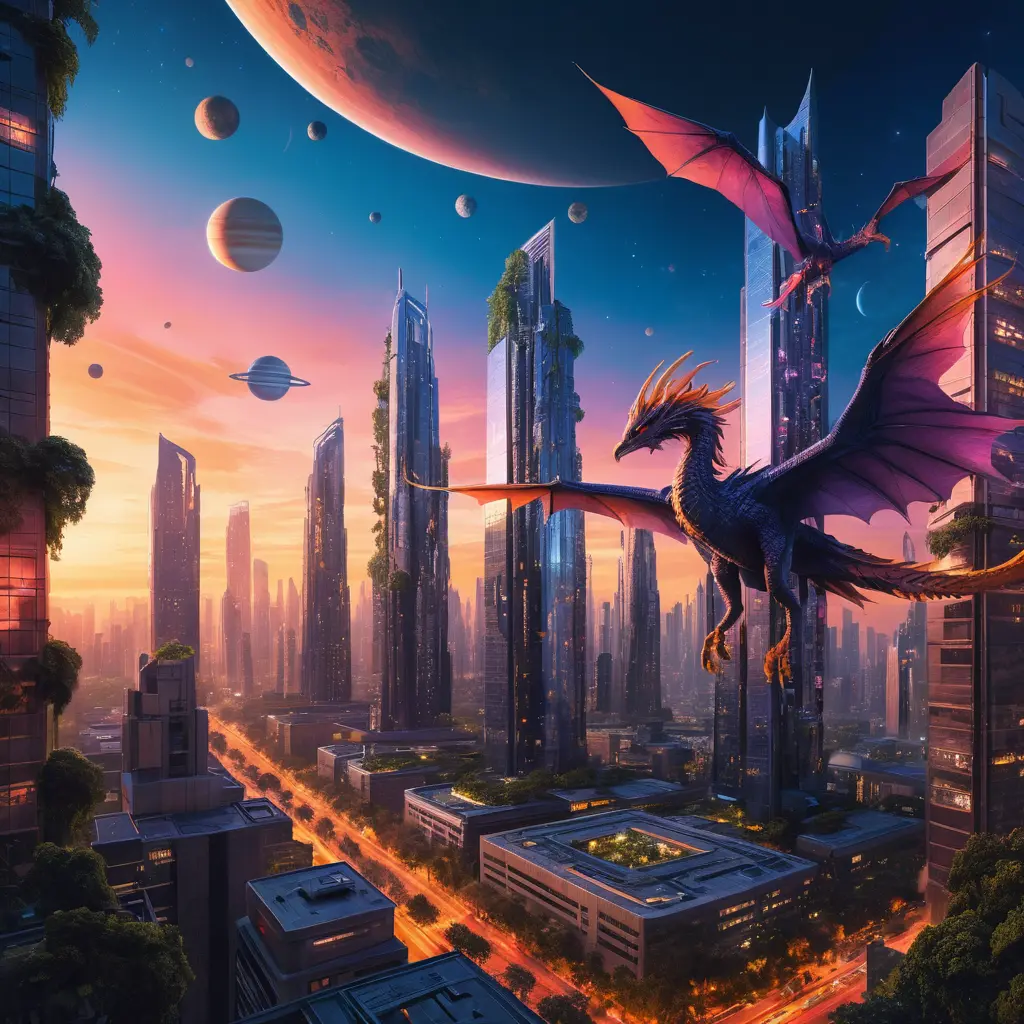 Futuristic city at sunset with glowing trees and lights