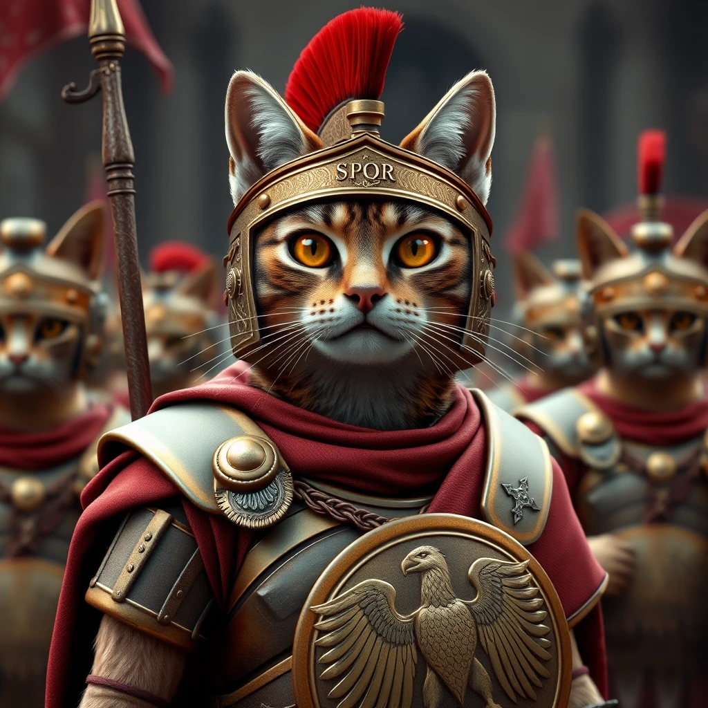 Gato centurión romano liderando legionarios felinos en batalla