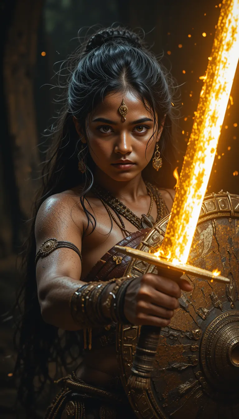 Ancient Kerala woman warrior with glowing golden sword