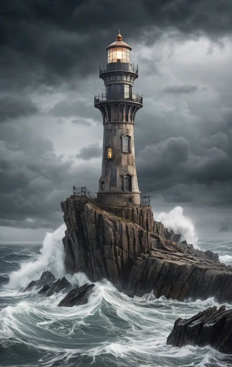 Steampunk Lighthouse On Dark Rock Above Stormy Sea