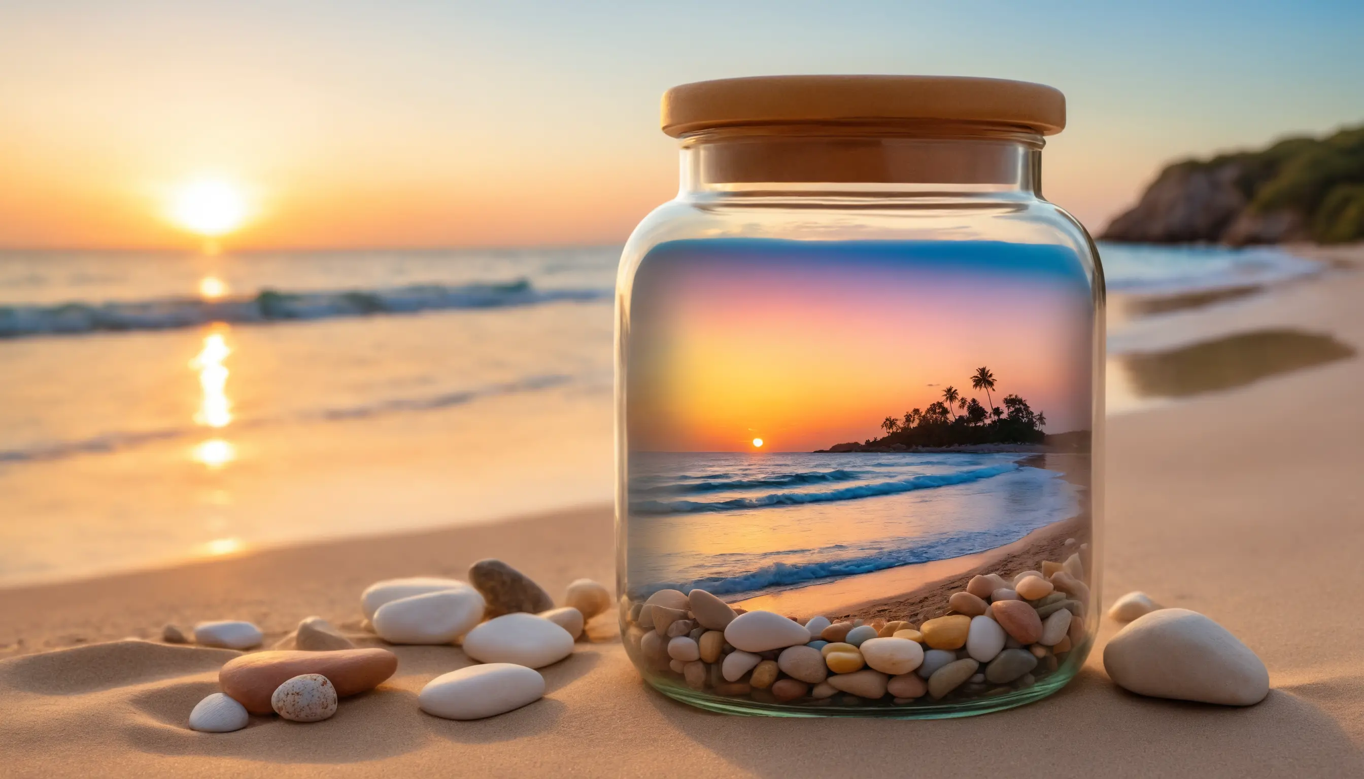 裝在玻璃罐裡的夕陽海灘景色