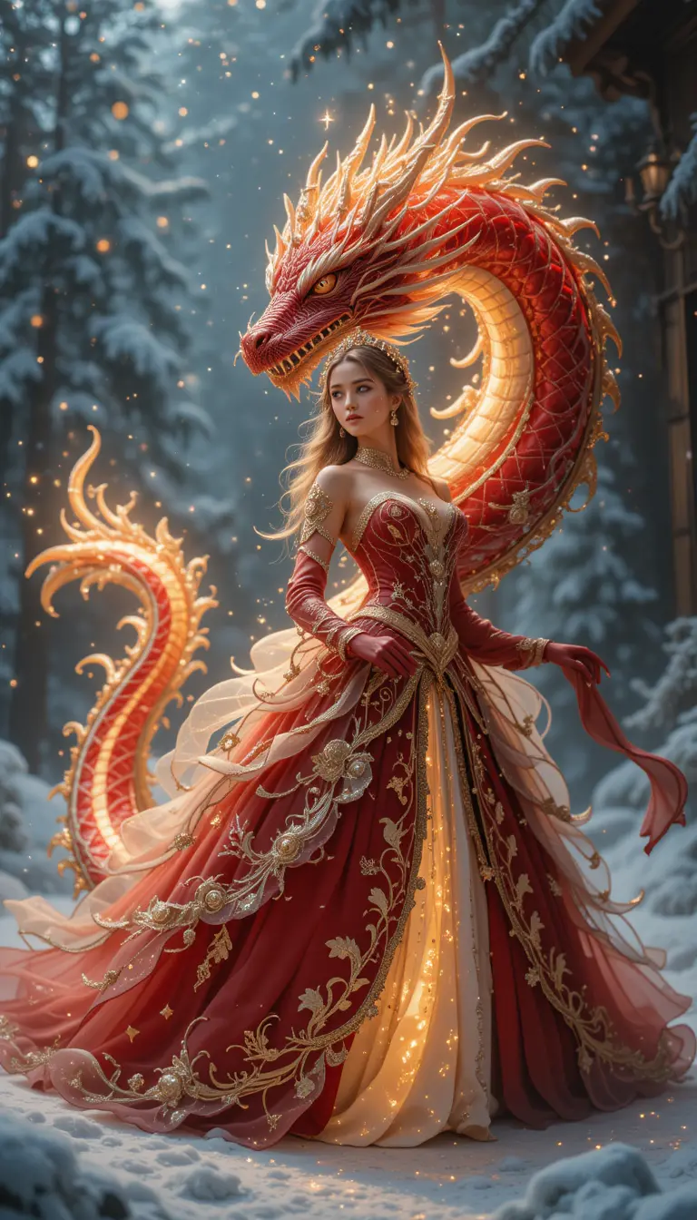 Red and gold winter dragon emerging into the frame