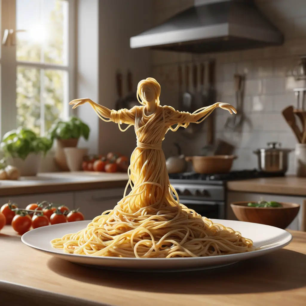 Dancing spaghetti figure on plate in warm sunlit kitchen