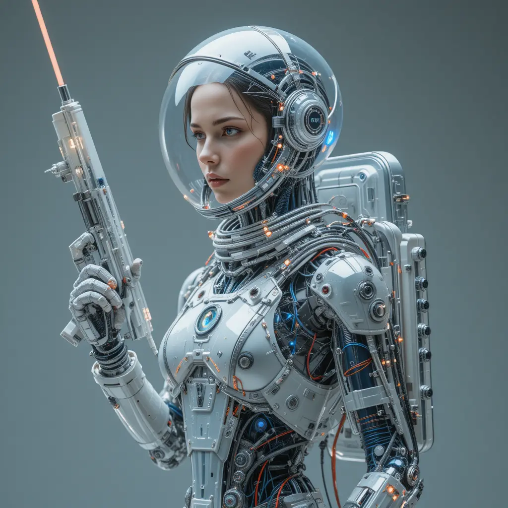 Portrait of transparent robotic astronaut woman with cables and gun