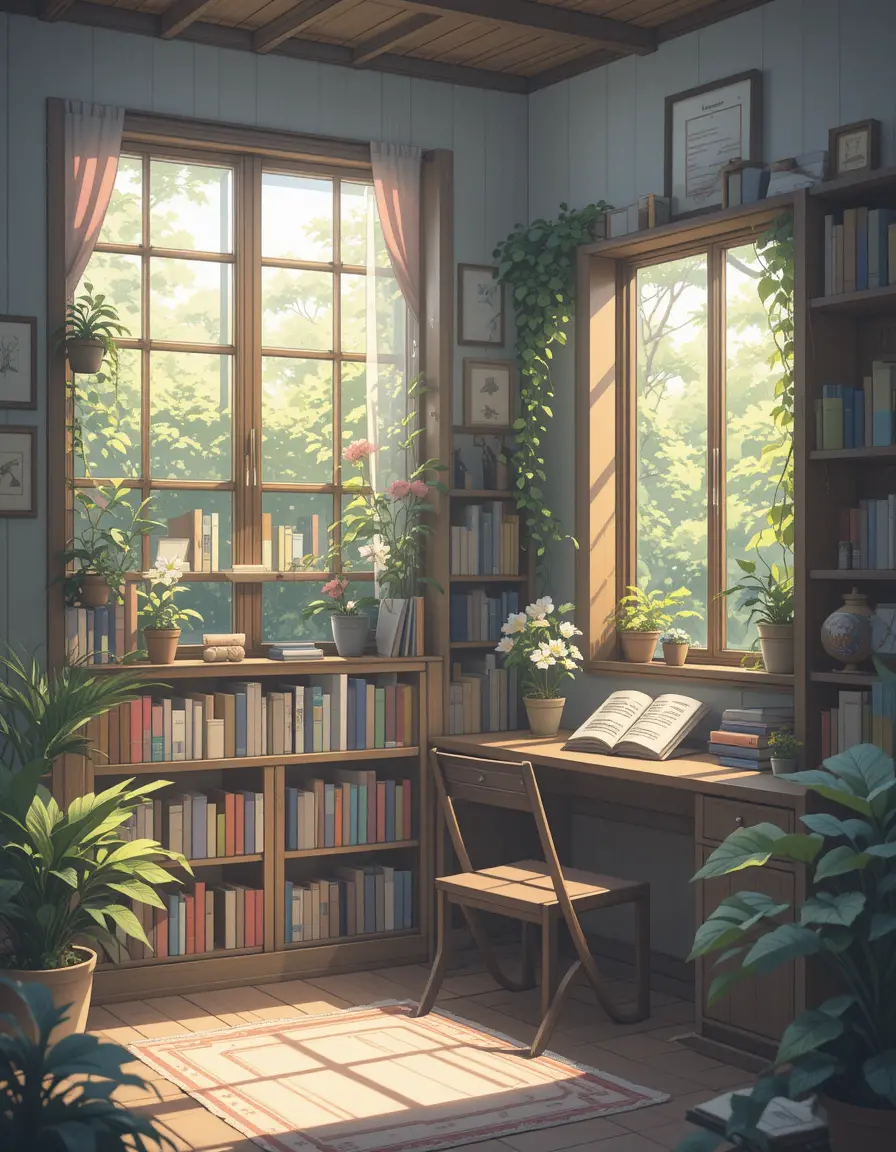Cozy anime reading room with bookshelf and warm sunlight