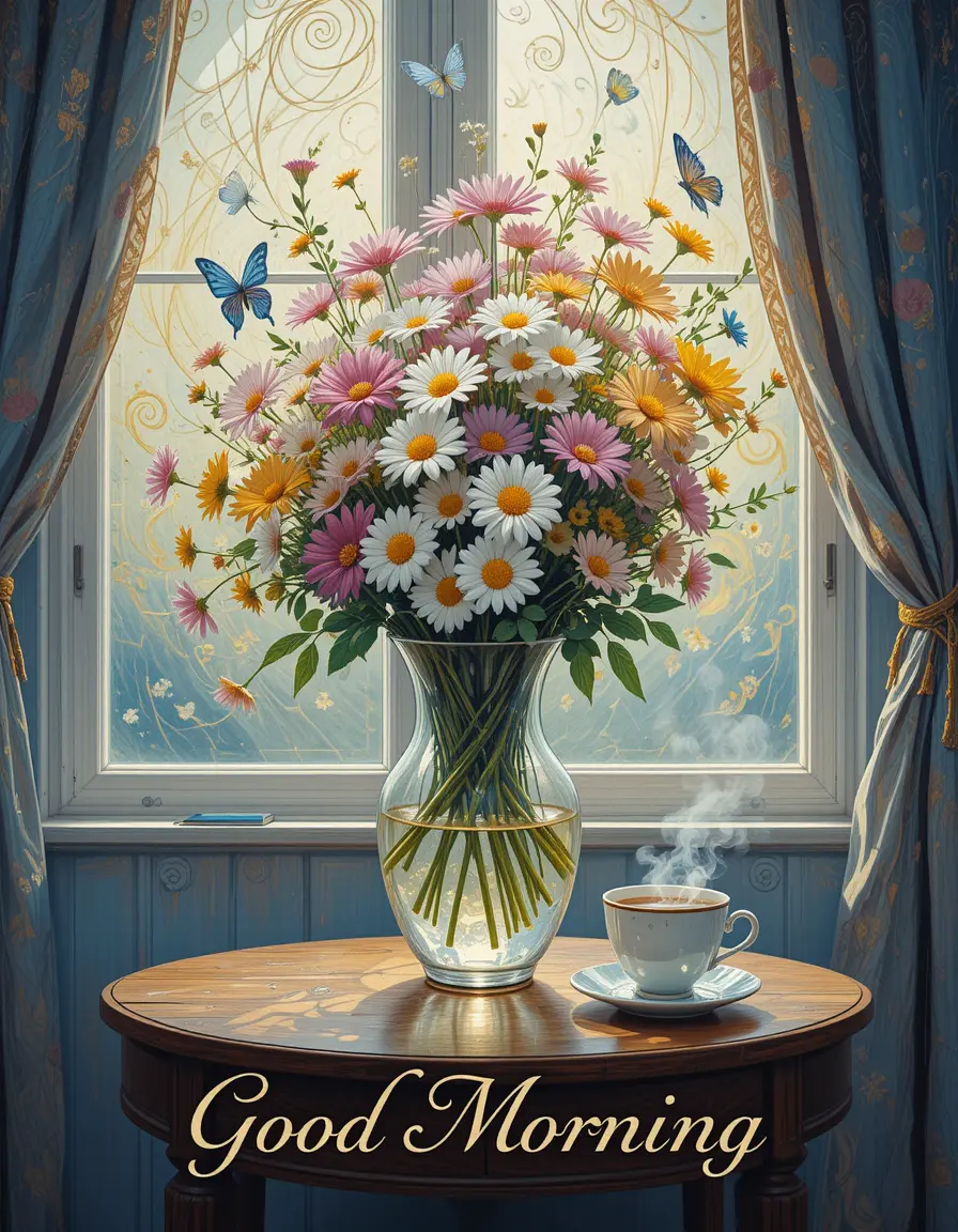 Morning still life with daisies vase and butterfly