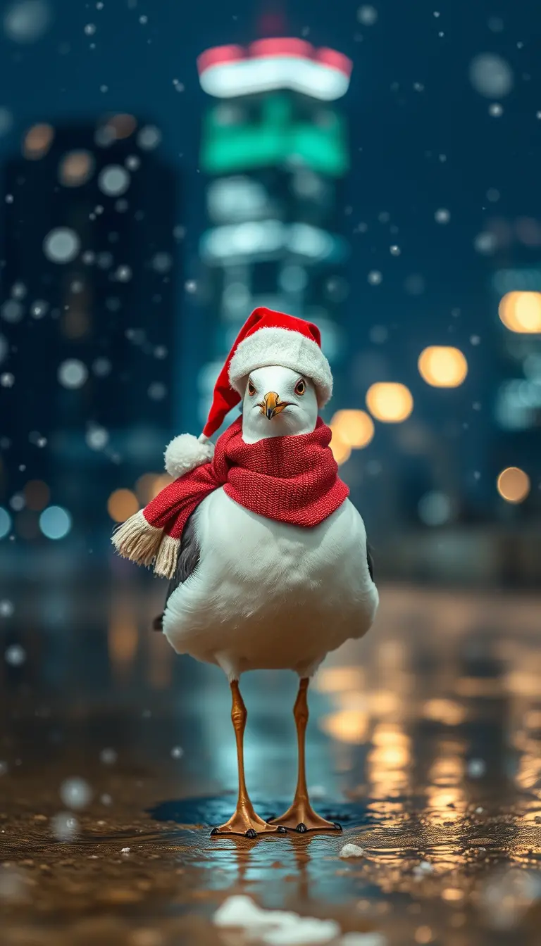 Seagull In Christmas Hat Standing On Snowy Winter Beach
