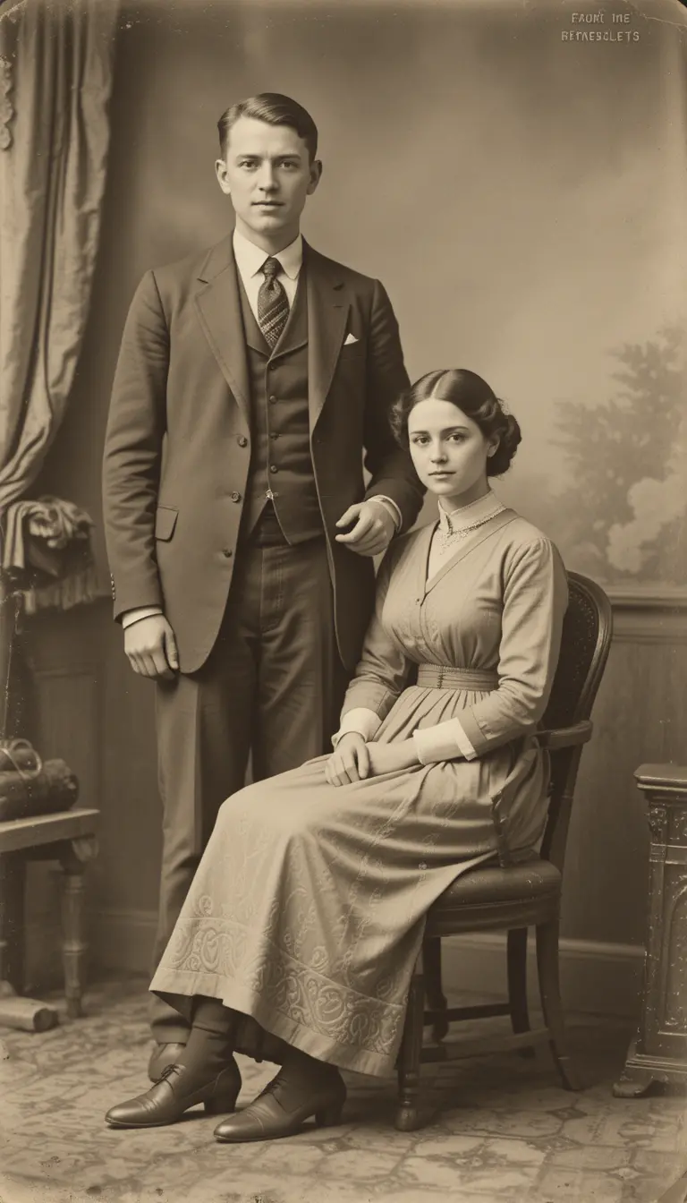 Old sepia photograph of a man beside a woman