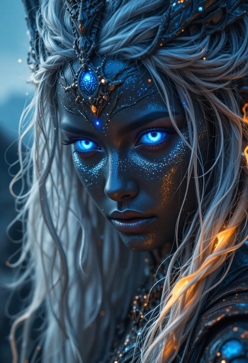 Mythical metal skinned archer goddess with glowing spear