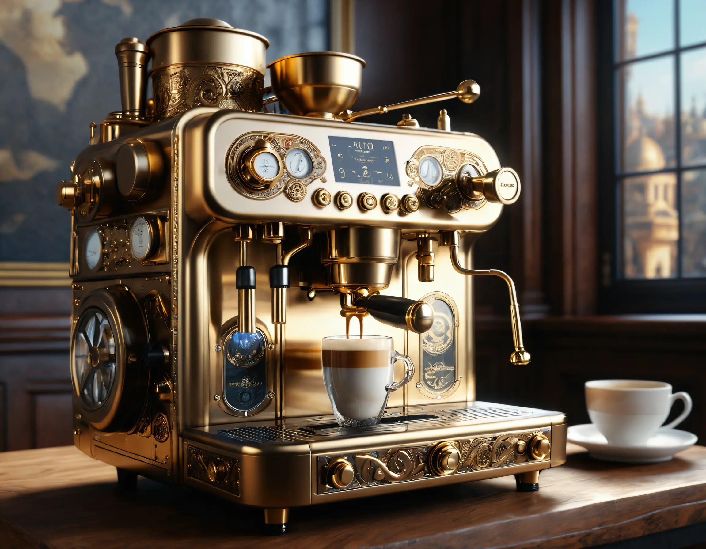 Ornate steampunk coffee machine in soft film style