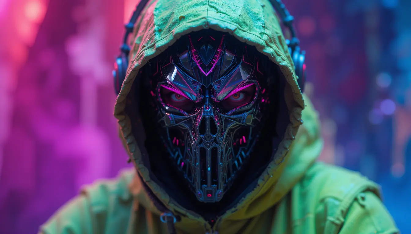 Realistic portrait of a masked DJ wearing a shard helmet