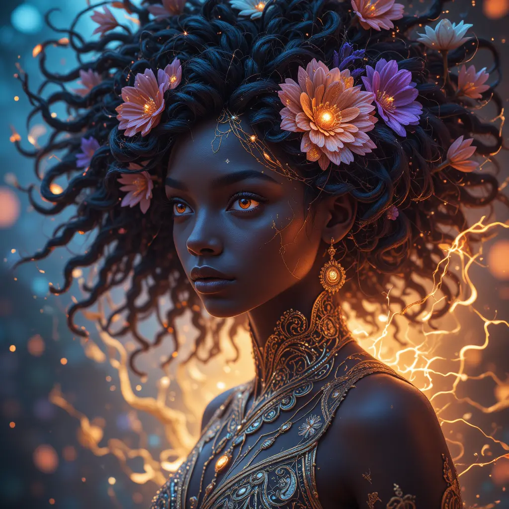 Mystical African goddess with electric eyes and flowers