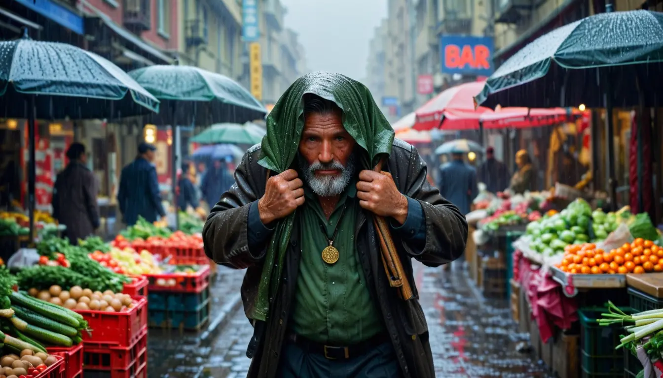 Street vendor sheltering his stall during sudden heavy rain