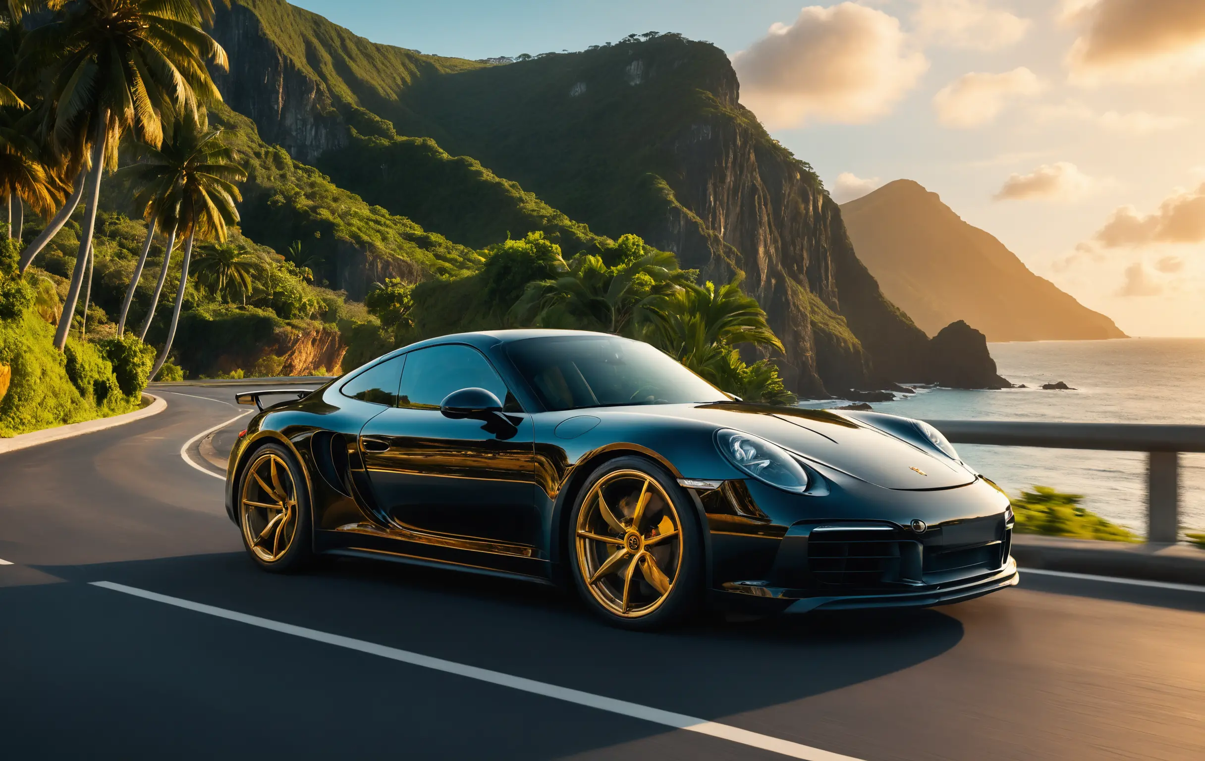 Black sports car on tropical coastal road at sunset