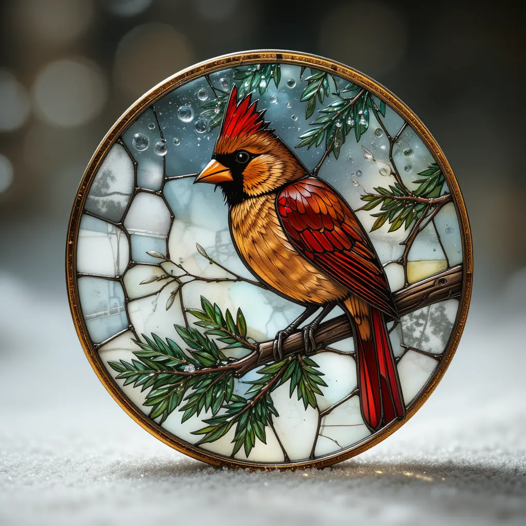 Red cardinal perched in evergreen tree stained glass style
