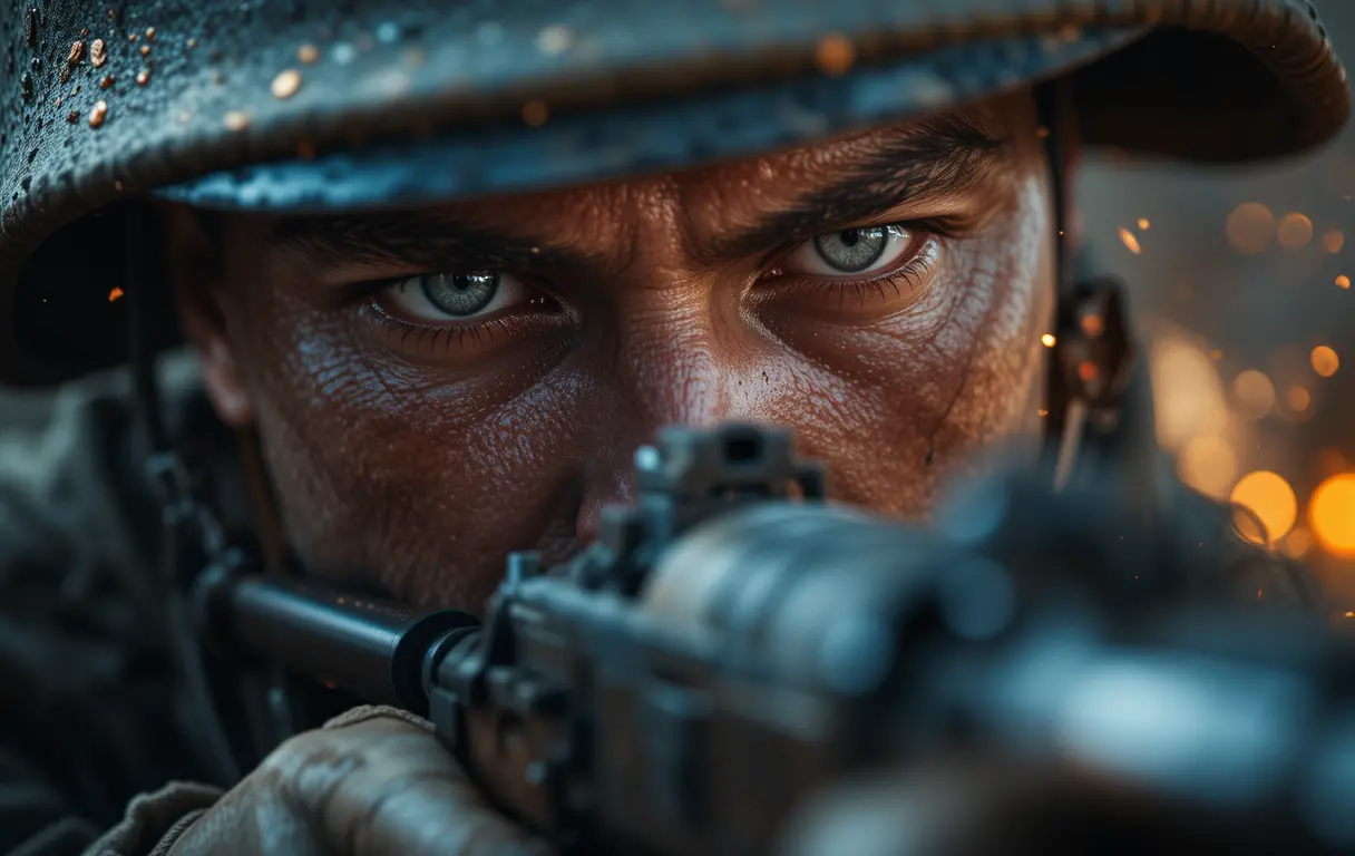 World War I soldier aiming rifle in dramatic close up