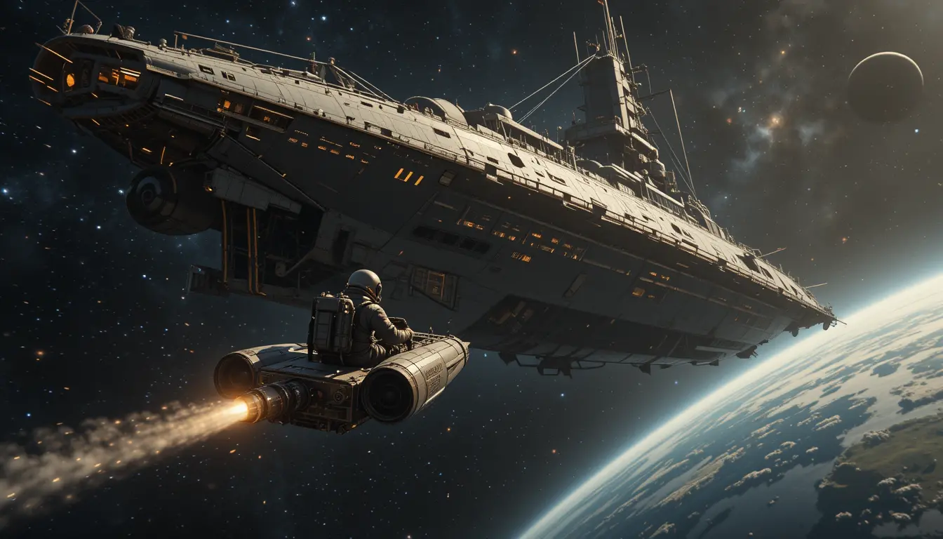 Steampunk astronaut piloting a small ship towards a mothership