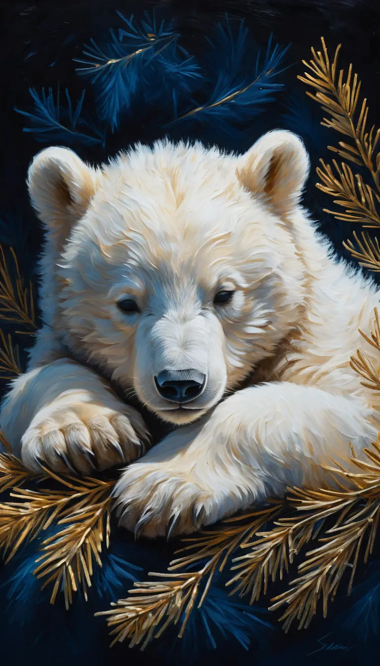 White bear cub sleeping on soft pine needles in warm light