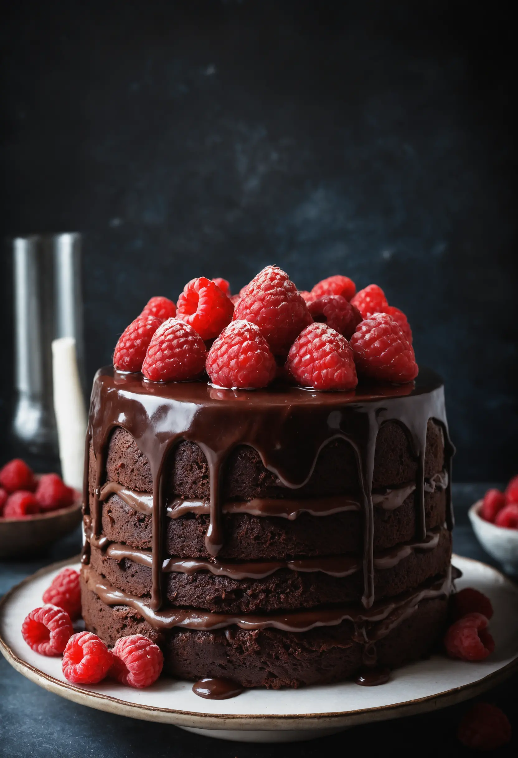 Rich chocolate layer cake with raspberries on top
