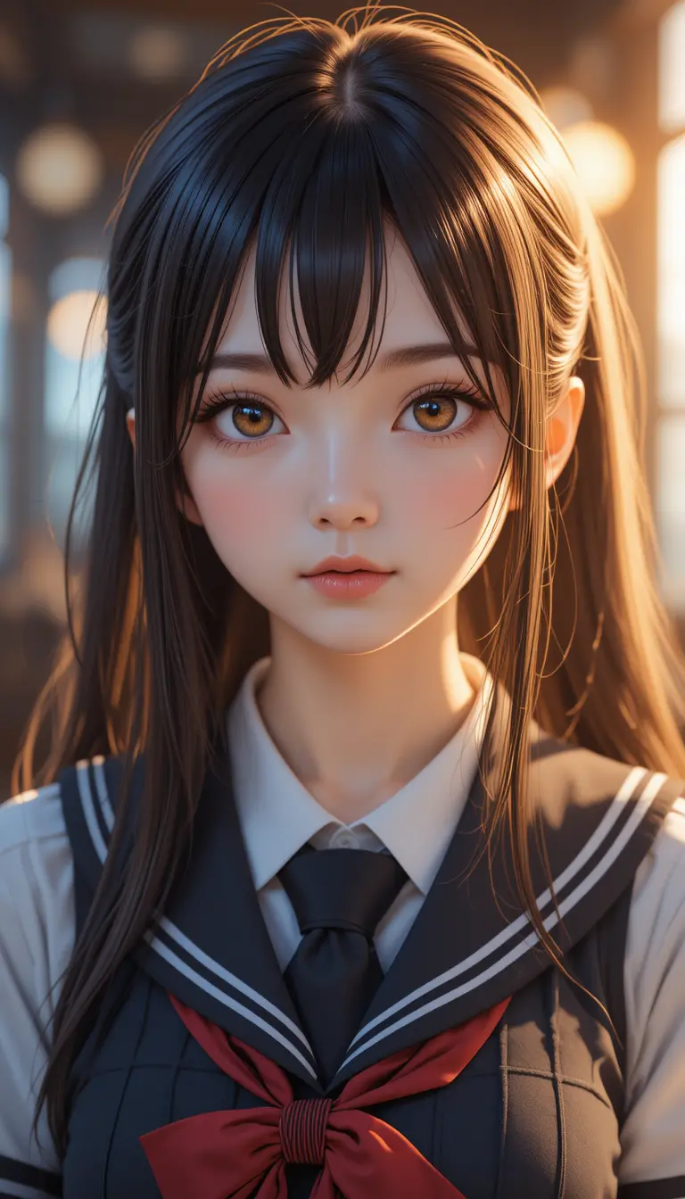 Photorealistic anime schoolgirl portrait with cinematic light