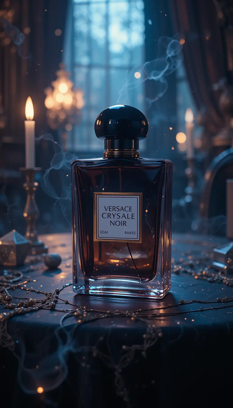 Misterioso frasco de perfume sobre mesa elegante con luz romántica