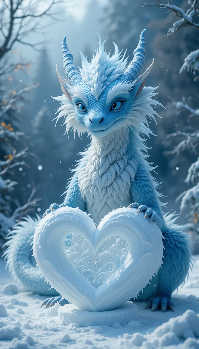 Gentle blue dragon in a snowy winter landscape