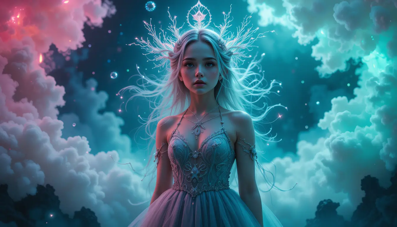 Mystical girl in a surreal neon dreamlike landscape
