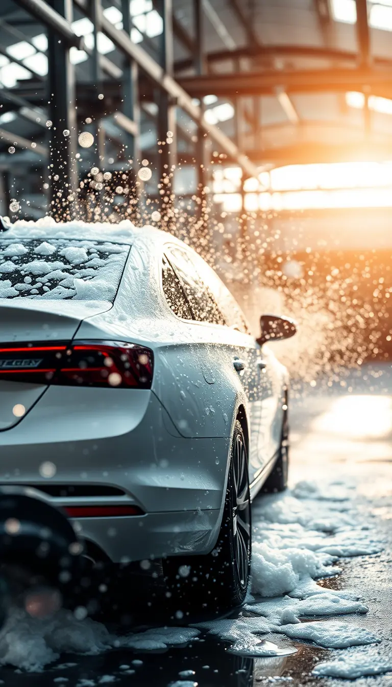 White car being washed at an industrial factory