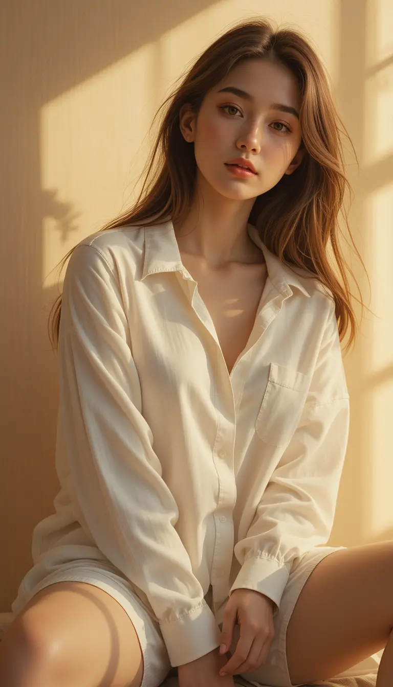 Young woman in soft light wearing white shirt
