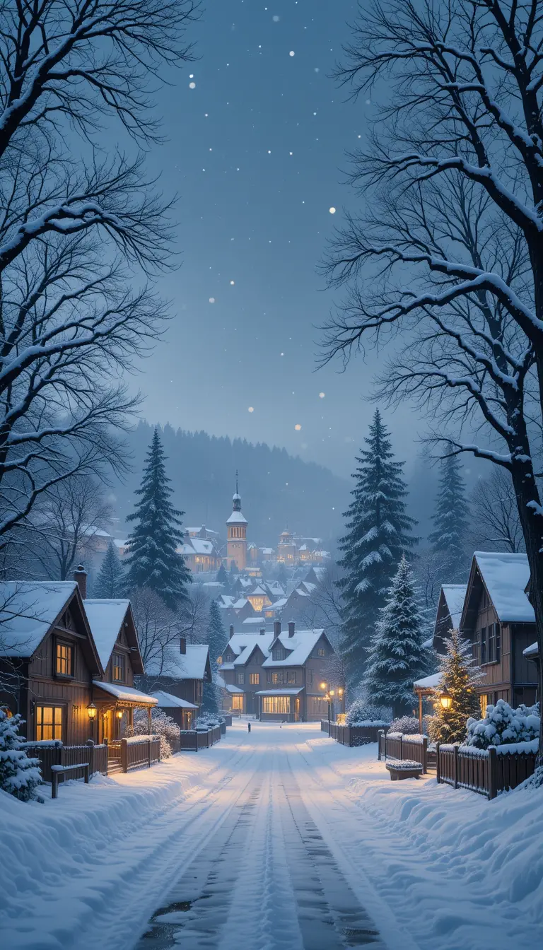 Snowy city street with cozy festive houses at night