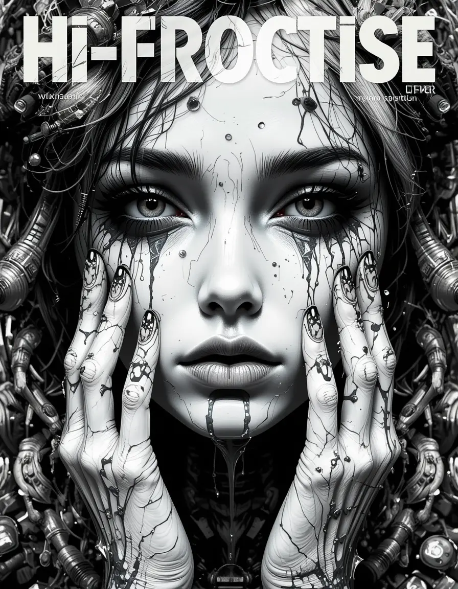 Crying woman in black and white cyberpunk digital portrait