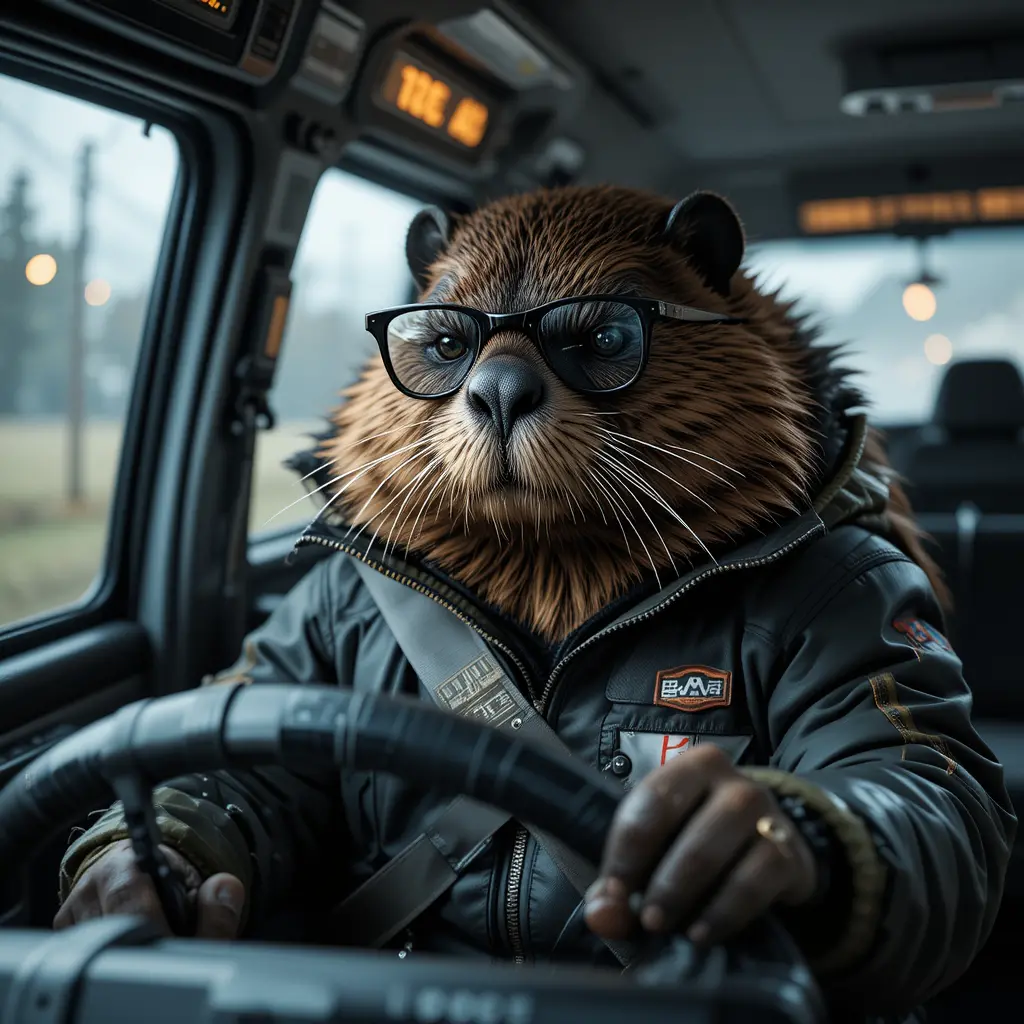 Cartoon beaver driving a space minibus in low light