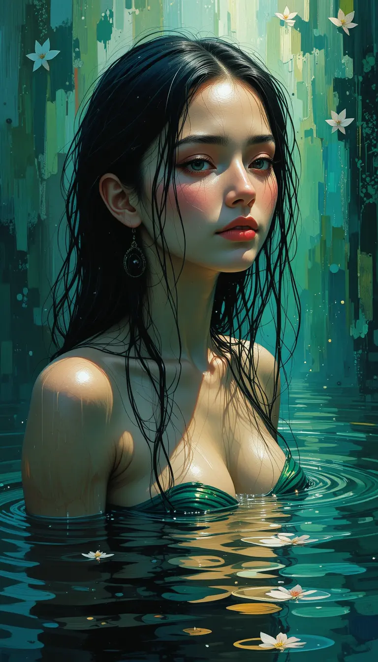 Impressionist portrait of a serene woman in water