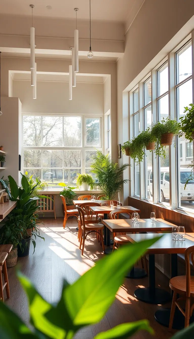 Bright cafe interior with wooden tables and lush greenery