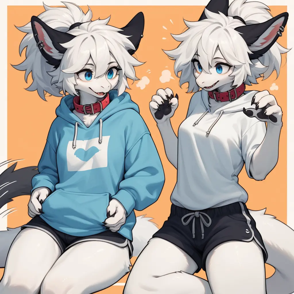 Anthro white fur dragon girl relaxing in casual hoodie