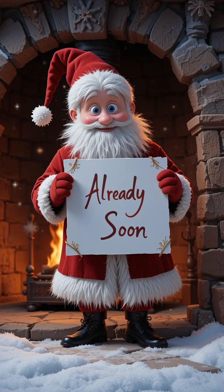 Pixar style Father Frost peeking from a cozy fireplace