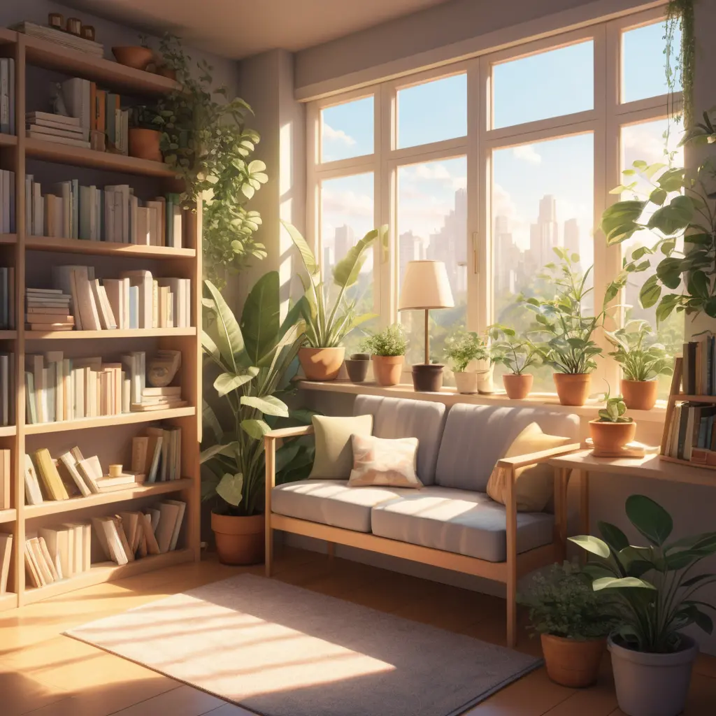 Anime bookshelf reading room with warm sunlight and plants
