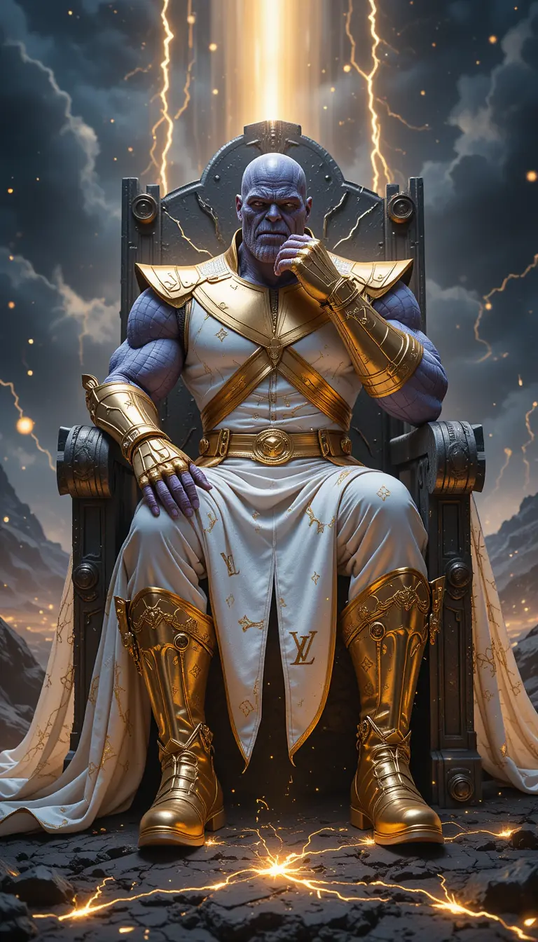 Titan warlord in regal white and gold cosmic throne