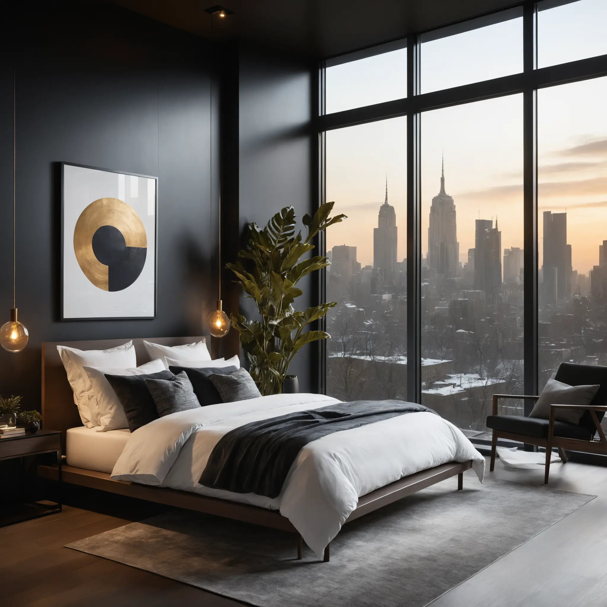 Modern dark bedroom with minimalist decor and shadows