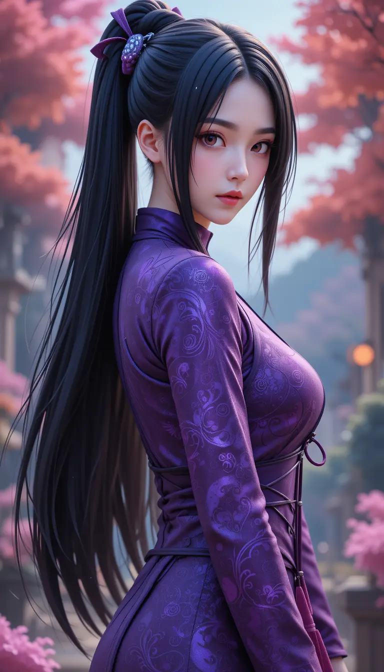 Anime woman with long black hair in purple top