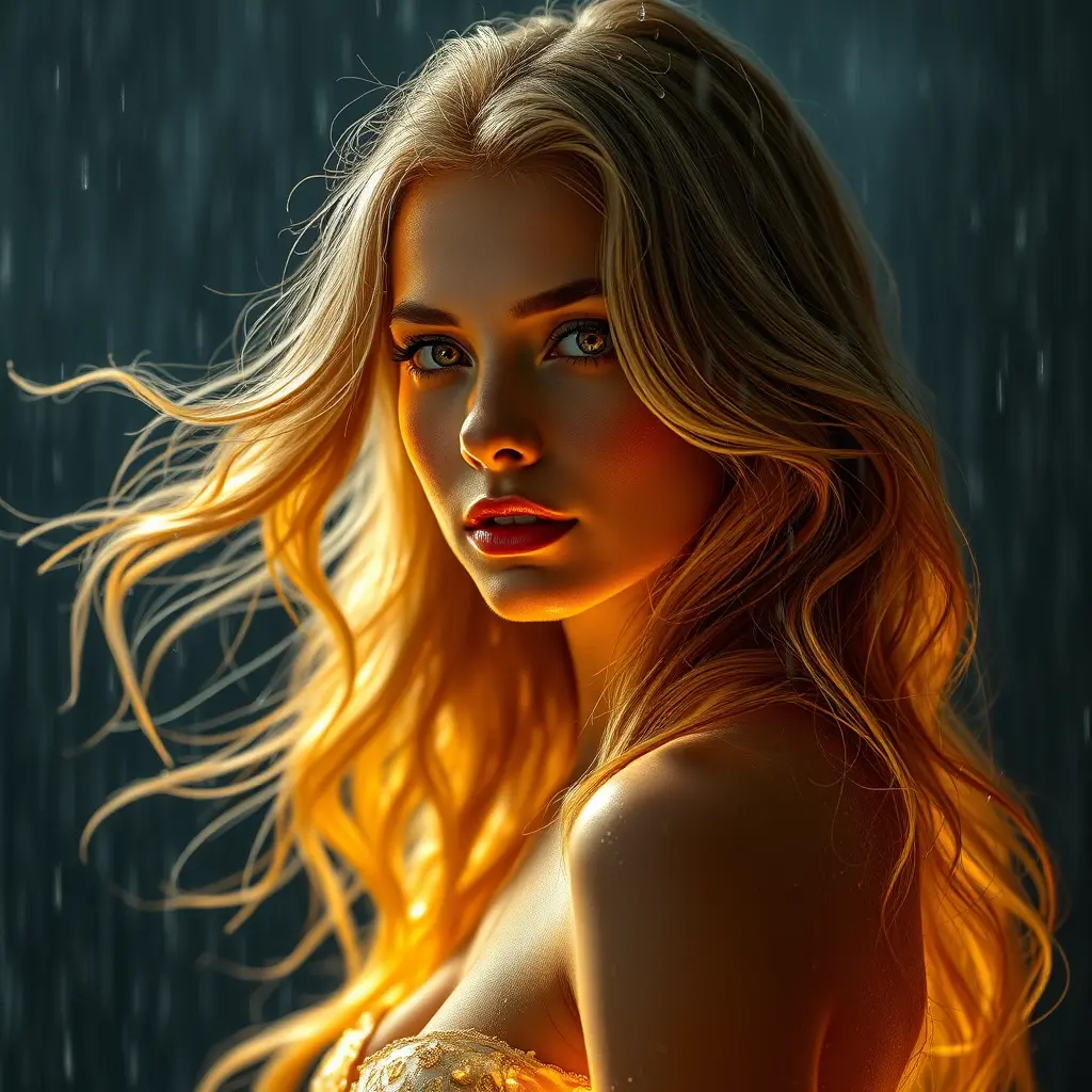 Ethereal golden haired woman glowing in the stormy rain