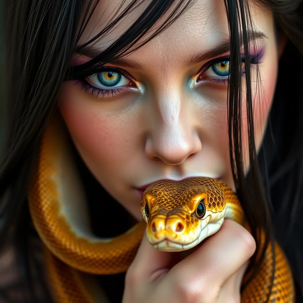 Woman with heterochromatic eyes holding a snake portrait