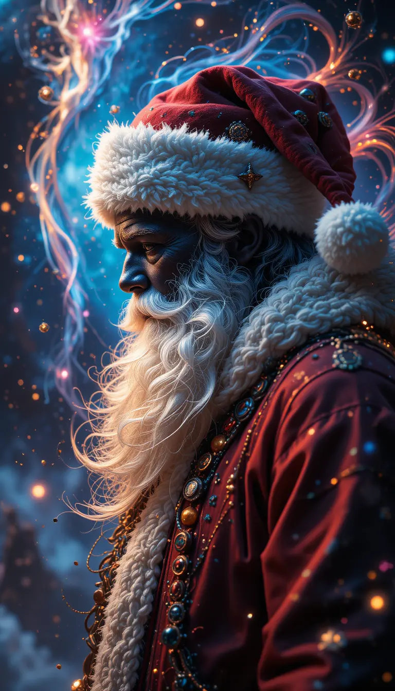 Cosmic close up portrait of black Santa Claus in light