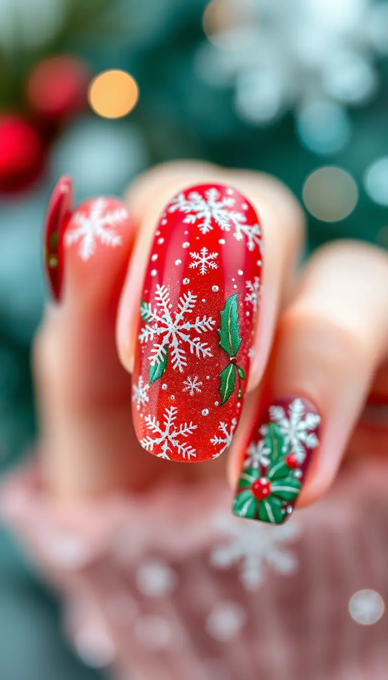 Festive Christmas nail art with snowflakes and holly details