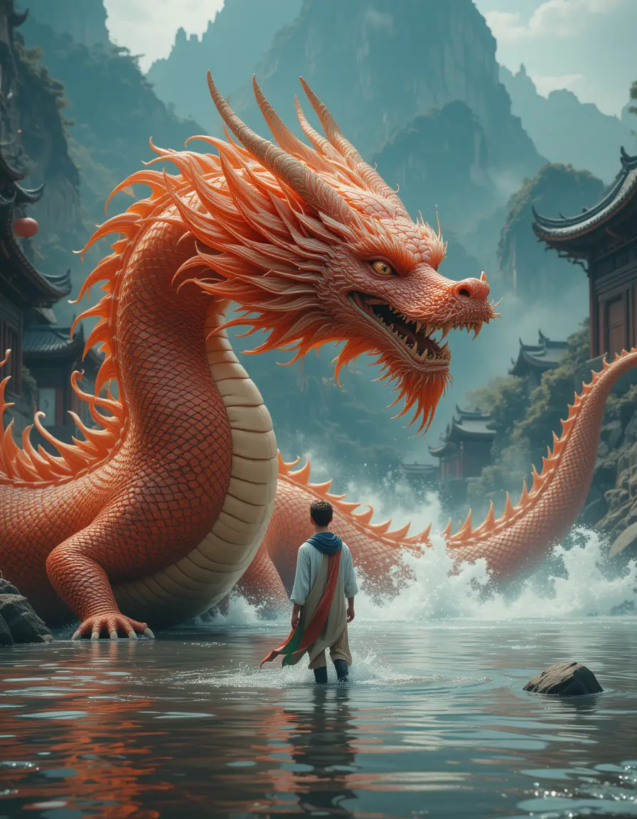 Person With Chinese Dragon Standing In Shallow Water