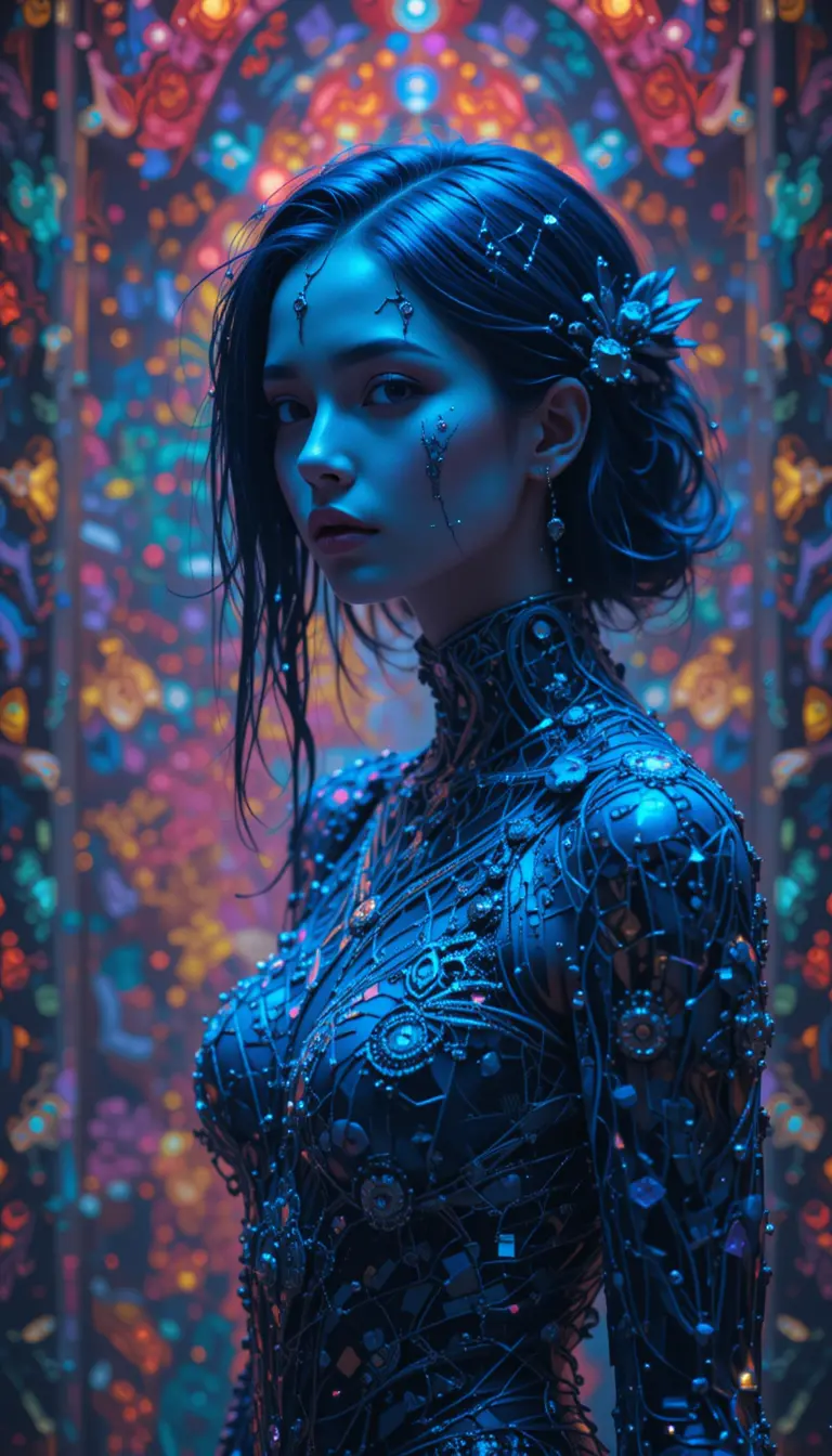 Ethereal blue woman in glitchy futuristic fantasy art