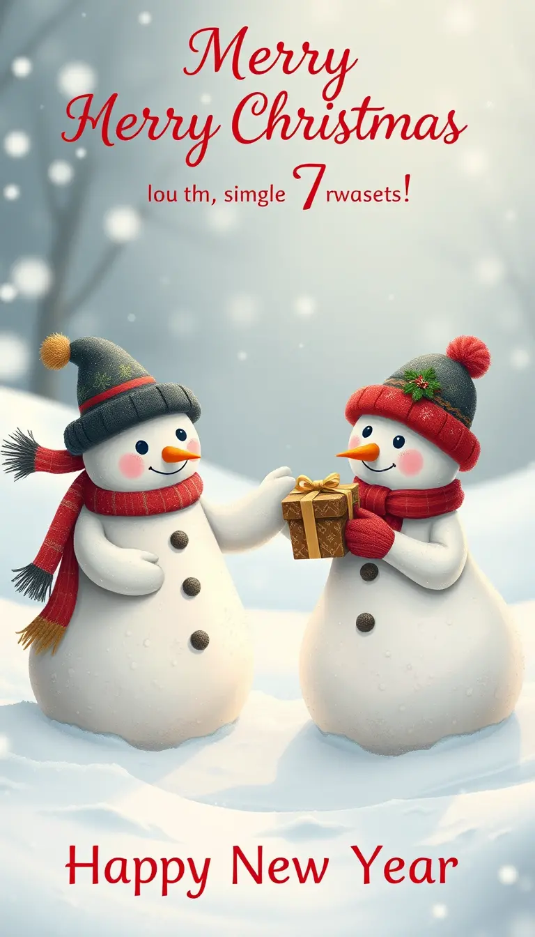Two cute snowmen sharing a gift in winter